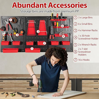 Tool Pegboard Organizer, 4 FT Metal Pegboard Wall with Hooks, Storage Bins & Tool Holders, Peg Board Kit Garage Storage System for Workbench Shed, Craft Room & Workshop (Black+Red)