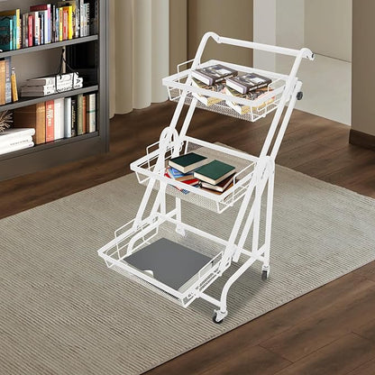 3 Tier Adjustable Storage Carts, Movable Utility Cart, Metal Rolling Cart, Multi-Functional Storage Trolley w/Wheels, Storage Shelves for Kitchen/Bathroom/Bedroom/Office (White)