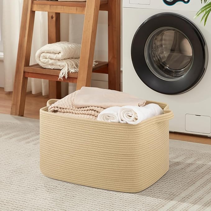 Large Blanket Basket, Jute Blanket Storage Living Room, Rectangle Woven Baskets for Storage Toys, Towels, Dirty Clothes Organizer Bins (Jute)