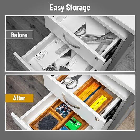 Mind Reader 5-Piece Bamboo Drawer Organizer Set, Stackable Storage Trays for Kitchen, Bathroom, Office, Makeup & Jewelry, Rayon from Bamboo, Brown