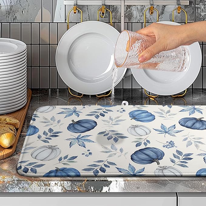 Wnoesat Fall Dish Drying Mat Blue Pumpkin Maple Leaves Drying Mats for Kitchen Counter 18x24 Inch Autumn Thanksgiving Absorbent Microfiber Dish Draining Mat Dishes Pad with Hanging Loop
