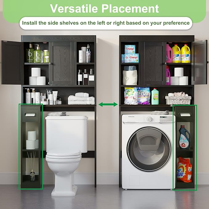 Nivisre Over The Toilet Storage Cabinet with 7 Shelves, Imitation Walnut Grain Above Toilet Bathroom Organizer with Toilet Paper Holder Stand, Space Saver for Restroom, Laundry, Bathroom (Black)