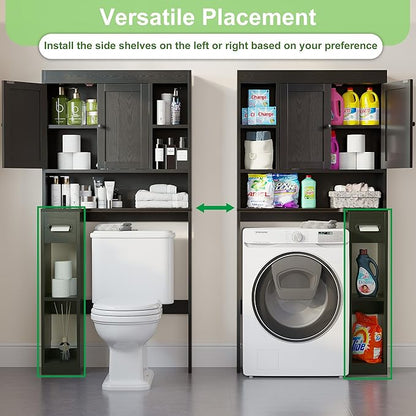 Nivisre Over The Toilet Storage Cabinet with 7 Shelves, Imitation Walnut Grain Above Toilet Bathroom Organizer with Toilet Paper Holder Stand, Space Saver for Restroom, Laundry, Bathroom (Black)
