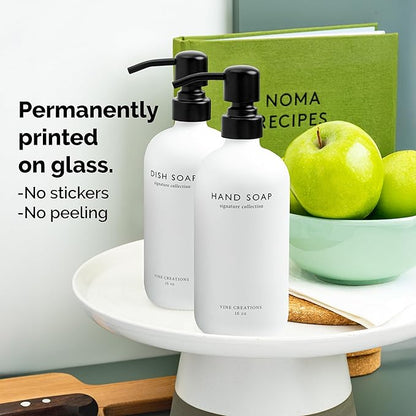 Vine Creations White Glass Soap Dispenser Set, Dish Soap and Hand Soap Dispenser Set with Stainless Steel Pump, 16 oz Glass Dispensers for Kitchen or Bathroom Decor (Matte White Bottle/Matte Black)