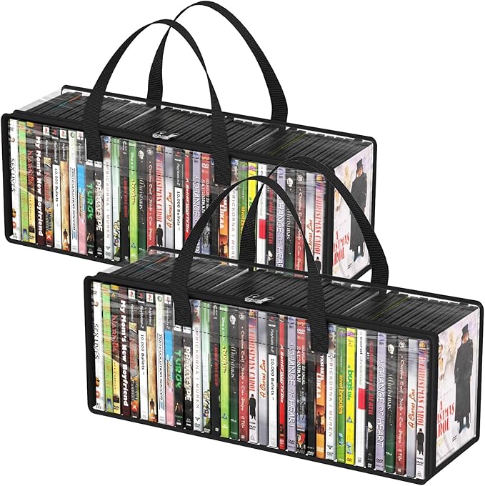 Lifewit DVD Storage Bags, Clear PVC DVD Case Holder with Handles, Front Window Zipper Design, Stackable Media Organizer for Blu Ray Disc, Movie Cases, VHS Box, Hold 70 Pcs DVDs (35 Each), 2 Pack