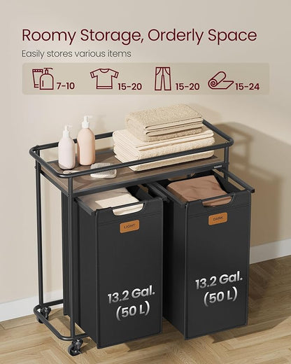 VASAGLE Laundry Sorter, Laundry Hamper with Wheels, 26.4 Gal. (100 L) Portable Rolling Cart Baskets with Shelf, 2 Removable Liners and 6 Labels, Ink Black and Chestnut Brown UBLH102BH01