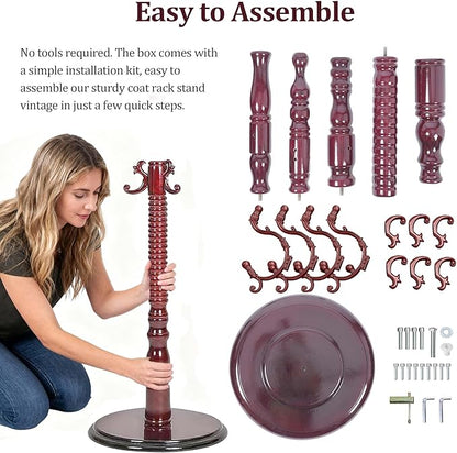 73" Wooden Coat Rack Freestanding, Coat Rack Stand With 18 Hooks And Round Solid Wood Base，Adjustable Height, Easy To Assemble For Entrance Hallway Office Living Room Bedroom