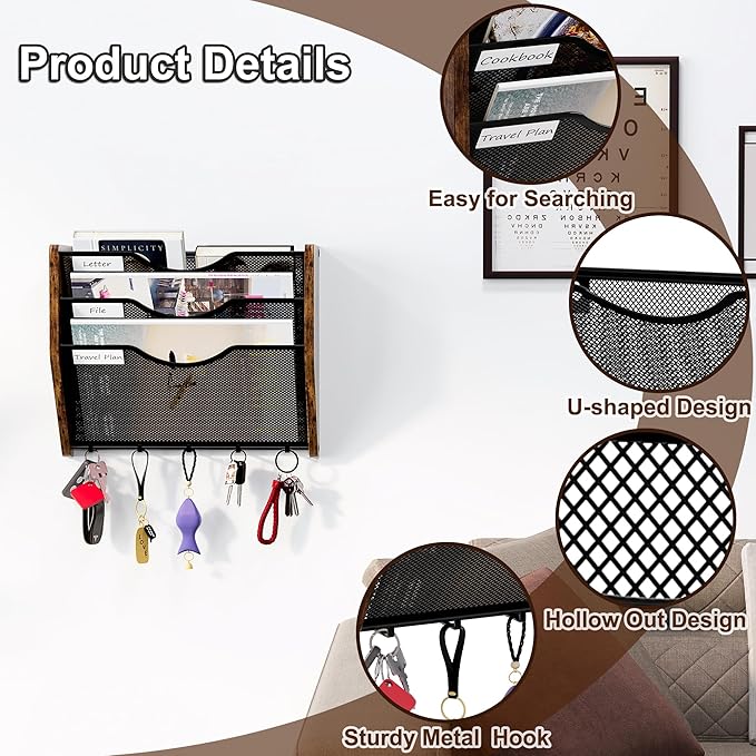 Wall File Organizer With Hooks,3 Tier Mesh Mail Organizer Wall Mounted,Hanging File Organizer,Magazine Holder for Documents,Magazine,Literature,File,Mails,Envelopes