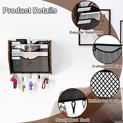 Wall File Organizer With Hooks,3 Tier Mesh Mail Organizer Wall Mounted,Hanging File Organizer,Magazine Holder for Documents,Magazine,Literature,File,Mails,Envelopes