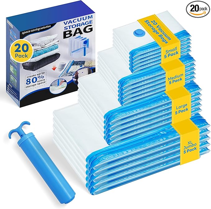 Vacuum Seal Bags for clothing - 20 Pack Vacuum Storage Bags for Travel (5 Jumbo/5 L /5 M /5 S), Space Saver with hand pump, Vacuum Sealed Bags for Luggage Clothes Blankets Bedding