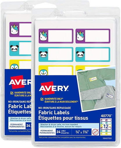 Avery No-Iron Fabric Name Labels, Cute Animals Preprinted Designs, Handwrite-Only, 2-Pack, 48 Preprinted Labels (21958)