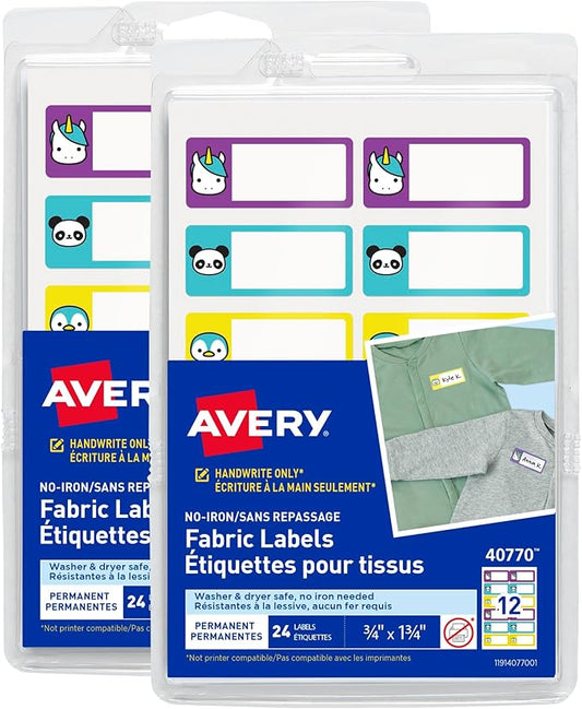 Avery No-Iron Fabric Name Labels, Cute Animals Preprinted Designs, Handwrite-Only, 2-Pack, 48 Preprinted Labels (21958)