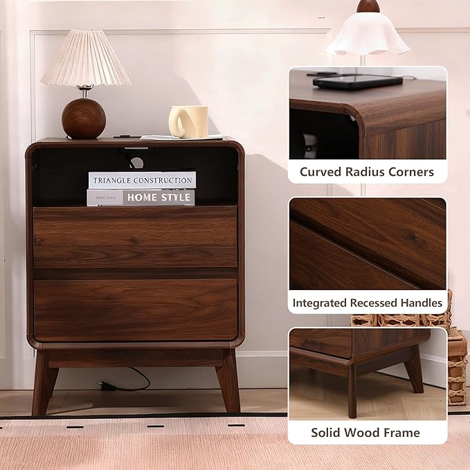 GlowVitaHome Nightstand, Wood Bedside Table with 2 Drawers and Open Storage Shelf, Accent End Table with Solid Wood Legs for Bedroom,Walnut
