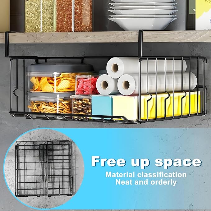 Hanging Under Shelf Storage Basket, 1 Pack Foldable Under Cabinet Metal Desk Storage Wire Rack Organizer for Kitchen Pantry Bookshelf Office Home, Easy to Install Slide-in Under Shelves ﻿ ﻿ (1, Black)
