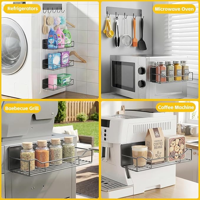 5 Pack Magnetic Shelves for Washing Machine & Refrigerator, Heavy-Duty Metal Magnetic Laundry Organizer with Hooks, Space-Saving Storage Baskets for Laundry Room, Kitchen & Closet (Grey)