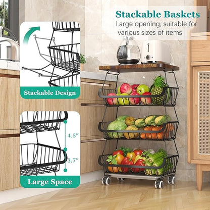 Fruit Basket with Wooden Lid for Kitchen, 4-Tier Stackable Wire Fruit Vegetable Storage Basket Organizer Stand on Wheel, Produce Basket Potato Onion Storage Bins Rack Cart for Pantry