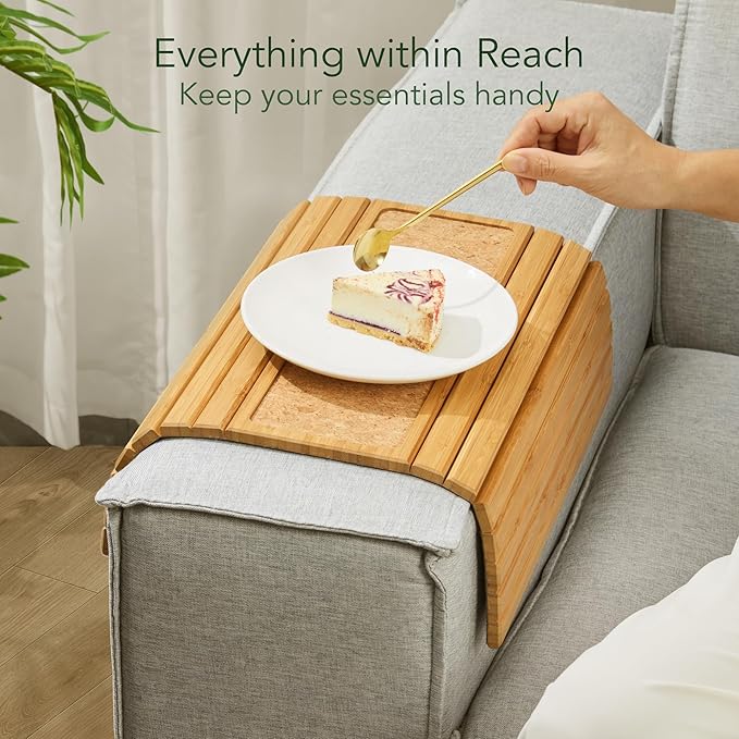 DETOR Sofa Arm Tray with Grained Cork Pad, Natural Bamboo Finish, Enhanced Non-Slip Bottom, Sturdy Bamboo Slats, Fits Armrests 4.6" and Wider