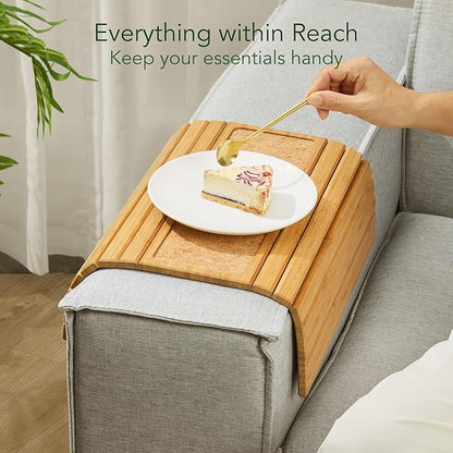 DETOR Sofa Arm Tray with Grained Cork Pad, Natural Bamboo Finish, Enhanced Non-Slip Bottom, Sturdy Bamboo Slats, Fits Armrests 4.6" and Wider