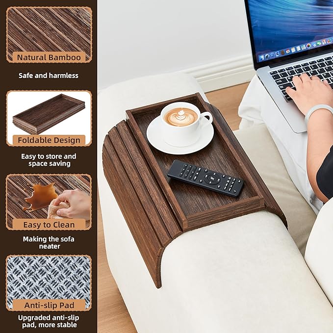 Couch Arm Tray, Anti-Falling Bamboo Sofa Armrest Tray Table, Foldable & Portable Armrest Tray Cup Holder Side Table for Drinks, Coffee, Phone, Snacks, Remote