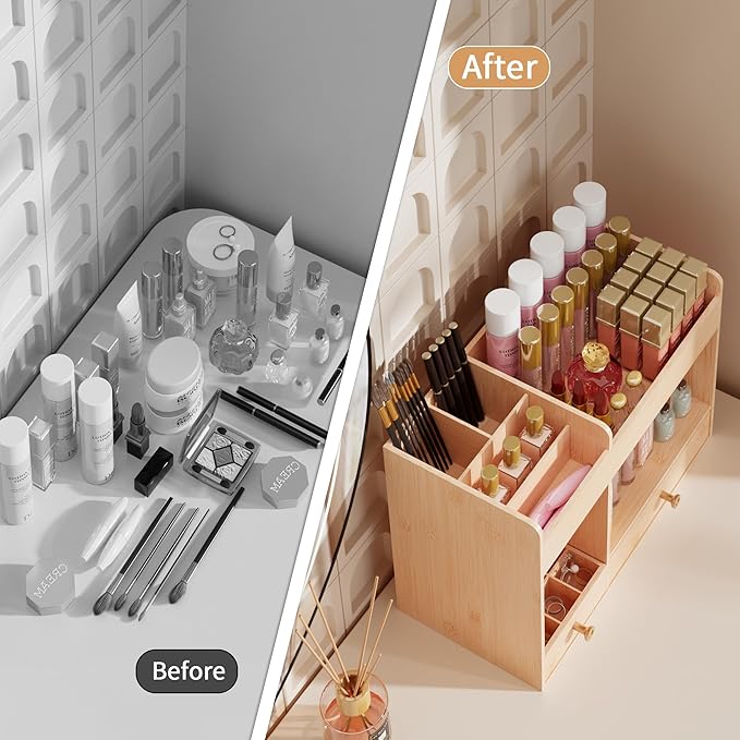 LONTAI Bamboo Makeup Organizer with Drawers, Cosmetic Storage for Lipstick Organizer Beauty Holder Skincare Organizer for Dresser Vanity Bathroom Countertop, No Assembly Required (Natural)