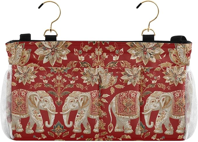 CuwrYet Bedside Caddy Hanging Bunk Bed Caddy Bed Organizer Hanging Pocket with 2 Hooks Bedside Storage Organizer Pocket Bag Holder Red Retro Elephant Flowers