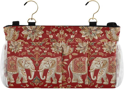 CuwrYet Bedside Caddy Hanging Bunk Bed Caddy Bed Organizer Hanging Pocket with 2 Hooks Bedside Storage Organizer Pocket Bag Holder Red Retro Elephant Flowers