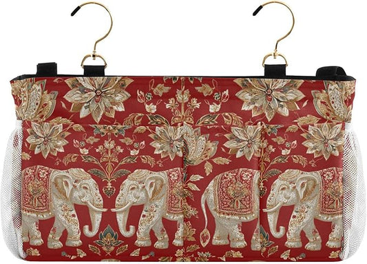 CuwrYet Bedside Caddy Hanging Bunk Bed Caddy Bed Organizer Hanging Pocket with 2 Hooks Bedside Storage Organizer Pocket Bag Holder Red Retro Elephant Flowers