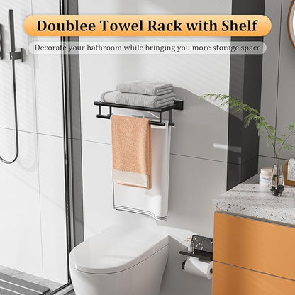 Alise Towel Rack for Bathroom Wall Mount,Bathroom Towel Holder Double Towel Bars with Shelf,16 Inch SUS304 Stainless Steel Towel Hanger for Bathroom Walls,Matte Black