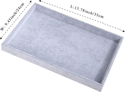 Mornajina 2 Pcs 13.8" x 9.5" Velvet Jewelry Tray Jewelry Display Tray Flat Tray, Stackable Empty Plate Trays for Earrings Necklaces Bracelet Rings Display Showcase - Grey