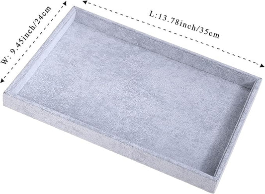 Mornajina 2 Pcs 13.8" x 9.5" Velvet Jewelry Tray Jewelry Display Tray Flat Tray, Stackable Empty Plate Trays for Earrings Necklaces Bracelet Rings Display Showcase - Grey