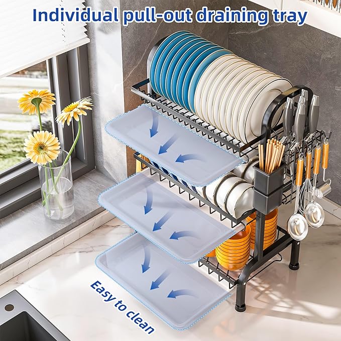 HOISIMDY Dish Drying Rack 3 Tier Large Capacity Kitchen Dish Draining Rack Countertop Cultery Drainer with Drip Tray
