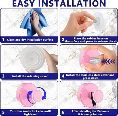 Suction Cup Hooks for Shower,Removable No Drill Towel Hooks,Upgraded 15 lbs Strong Suction hooks for Bathroom Tile,Shower Wall,Glass Door,Kitchen-Loofah,Coat,Stainless Waterproof-Pink 2 Pcs