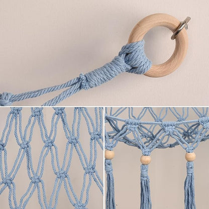 Stuffed Animal Toy Storage Hammock with LED Light-Macrame Jumbo Doll Room Organizer Mesh Decoration-Hanging Storage Nets Kids Bedroom(Blue Beads)