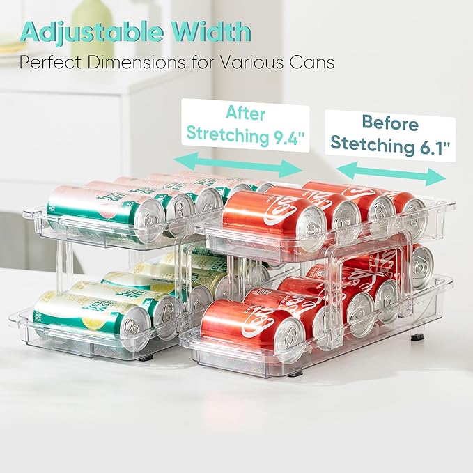VUSIGN Expandable Soda Can Organizer 2 Pack, Adjustable Width Can Dispenser for Refrigerator 6.1''-9.38'' W, Drink Organizer for Fridge, Can Holder for Standard and Tall Can, Clear