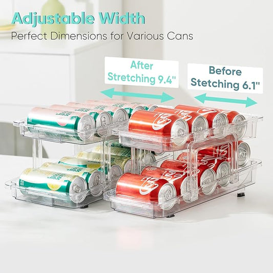 VUSIGN Expandable Soda Can Organizer 2 Pack, Adjustable Width Can Dispenser for Refrigerator 6.1''-9.38'' W, Drink Organizer for Fridge, Can Holder for Standard and Tall Can, Clear