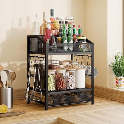 Coffee Bar Organizer - Countertop Coffee Station, 42 K Cup holder Storage Basket with Drawer and Hooks for Syrup, Cups, Stirrer, Condiment, Tea Organizer, Black