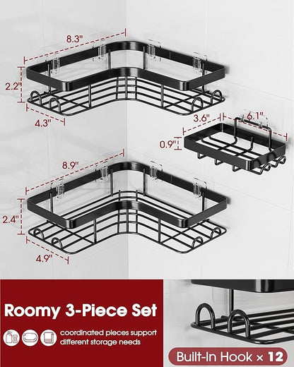 Sakugi Corner Shower Caddy - 3-Pack Shower Organizer with Soap Holder & Built-In Hooks, Rustproof Metal Shower Shelves, Laundry, Kitchen, Bathroom Organizers and Storage Solution, Large, Black