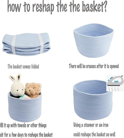 Woven Cotton Storage Baskets - 3-Pack Round Bins (10x10x7'') for Shelves, Closets & Bookcases | Durable Rope Organizers for Nursery, Baby, Toys, Easter & More (blue)