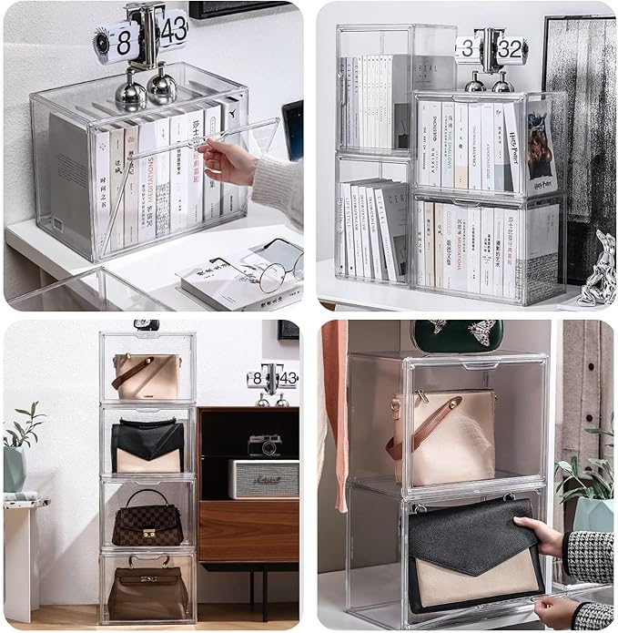 GUDEMAY Clear Stackable Plastic Storage Bins with Magnetic Lid, Dustproof Book & Cosmetic Display Cases, Large Figures Collectibles Showcase, Shoe Box, Protection Organizer (L, Count, 1)
