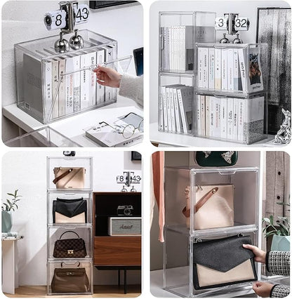 GUDEMAY Clear Stackable Plastic Storage Bins with Magnetic Lid, Dustproof Book & Cosmetic Display Cases, Large Figures Collectibles Showcase, Shoe Box, Protection Organizer (L, Count, 1)