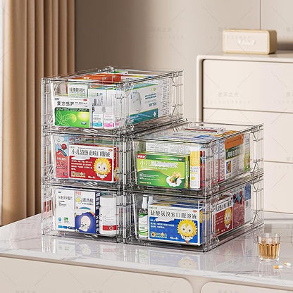 Sgoostood 6 Pack Stackable Organizer Drawers, Clear Desk Storage Box,Transparent Drawer in Home, Office and Kitchen Pull Out Organizer Bins for Make Up, Pen, Desktop Stationary (6 Pack)