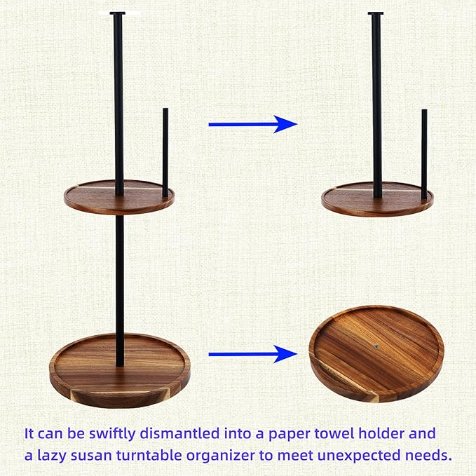 2-in-1 Spice Rack with Paper Towel Holder, Rotating Kitchen Countertop Storage, Lazy Susan Turntable Organizer, 2 Tier Wood tray for Kitchen, BBQ, Party, Tall Bottle Compatible