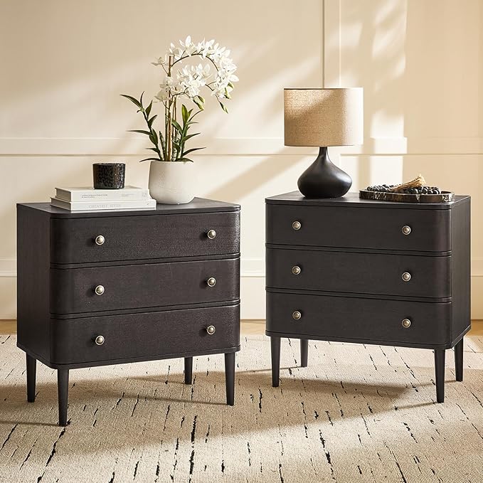 HULALA HOME Modern End Table Set of 2 with Charge Station, 3 Drawer Wood Side Table with Solid Wood Legs & Adjustable Feet, Curved Design End Table, Charcoal