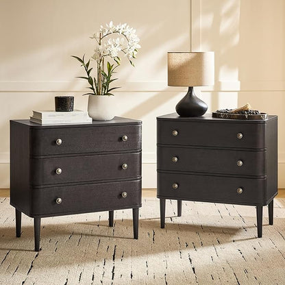 HULALA HOME Modern End Table Set of 2 with Charge Station, 3 Drawer Wood Side Table with Solid Wood Legs & Adjustable Feet, Curved Design End Table, Charcoal