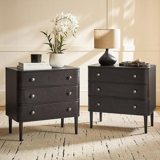 HULALA HOME Modern End Table Set of 2 with Charge Station, 3 Drawer Wood Side Table with Solid Wood Legs & Adjustable Feet, Curved Design End Table, Charcoal