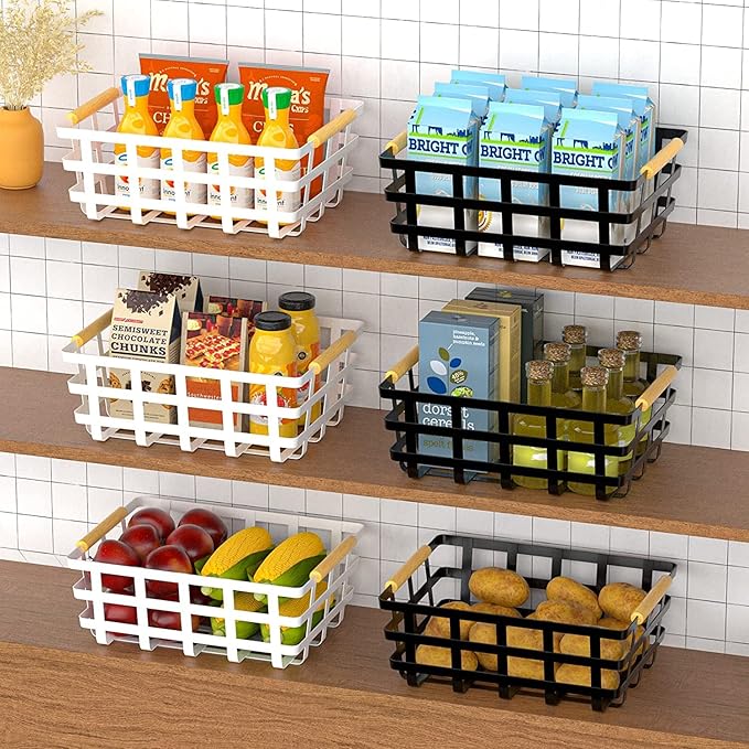 Farmhouse Baskets Pantry Storage Baskets, 2 Packs Metal Wire Food Organizer Storage Bin Basket Wood Handles for Kitchen Cabinets Shelf Pantry,White