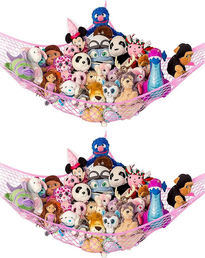 Lilly's Love Stuffed Animal Hammock | Corner Hanging Organizer, Toy Storage, Stuffed Animal Storage Net | Made from Quality Fishing Net, Holds 12lbs | 67"x47"x47" (Pink, 2 Pack)