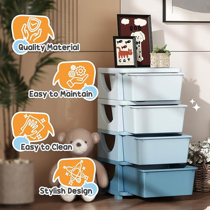 Qaba 4 Tier Kids Storage Unit, Toy Organizers and Storage with 4 Drawer Chest for Kids Bedroom Nursery Kindergarten Living Room for Boys Girls Toddlers, Blue