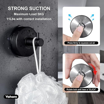 YOHOM Suction Cup Hooks Shower Towel Holder Stainless Steel Vacuum Bathroom Shower Hook Suction Towel Rack Kitchen Organizer for Bathrobe Loofah Matte Black 4Pcs