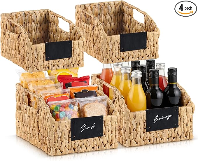 4 Pack Water Hyacinth Pantry Organizers, Wicker Storage Basket with Handles Chalkboard Labels Marker, Woven Storage Baskets for Shelves Kitchen Bedroom Bathroom
